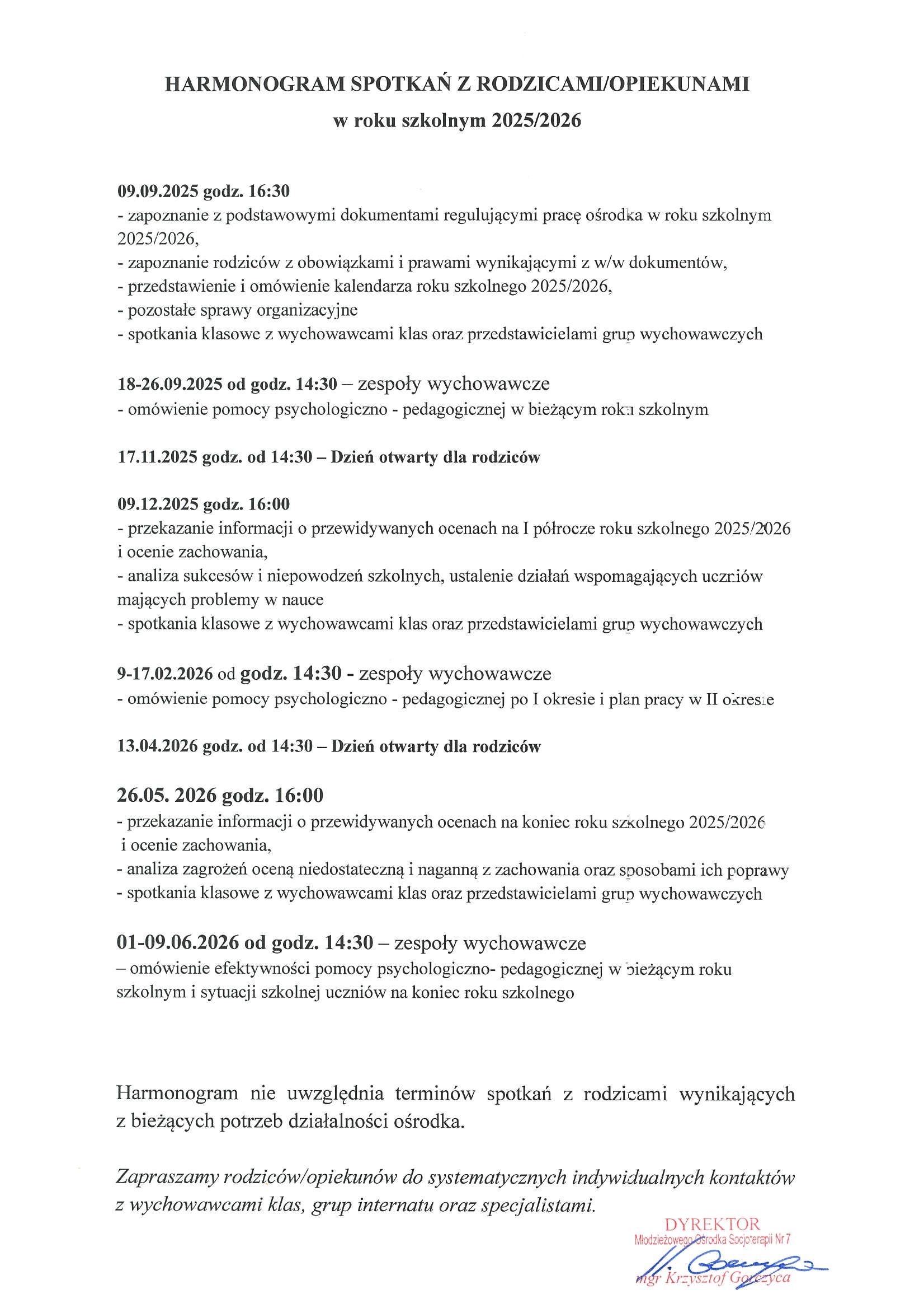 Harmonogram zebrań z rodzicami w roku szkolnym 25 26