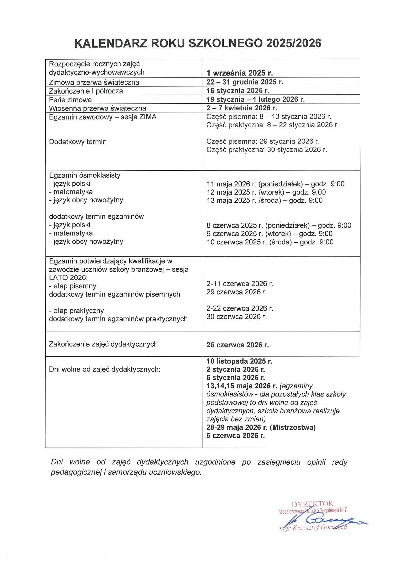 Kalendarz roku szkolnego 25 26